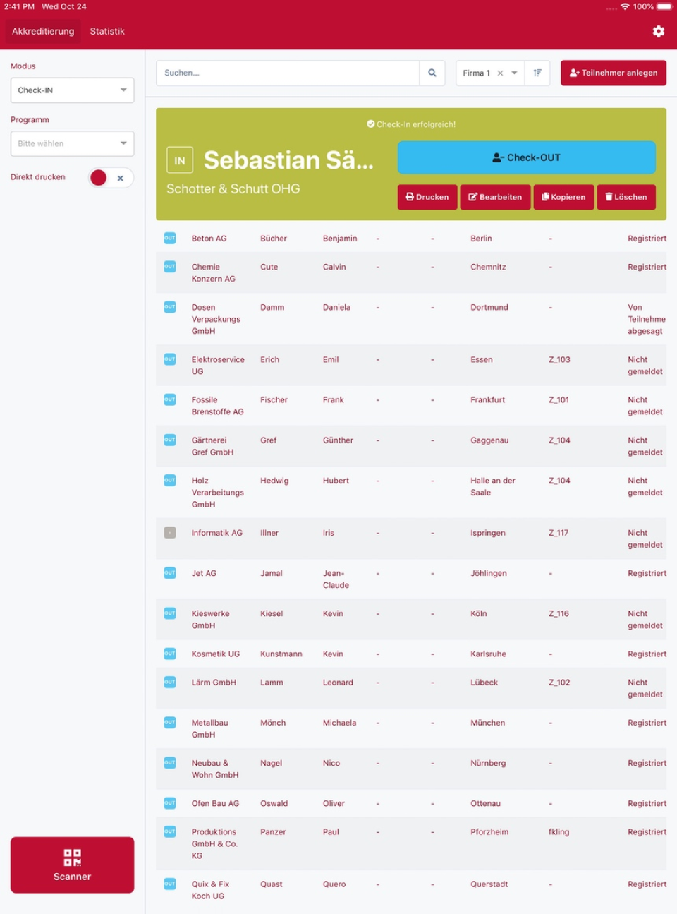 screenshot of vivenio Check-In